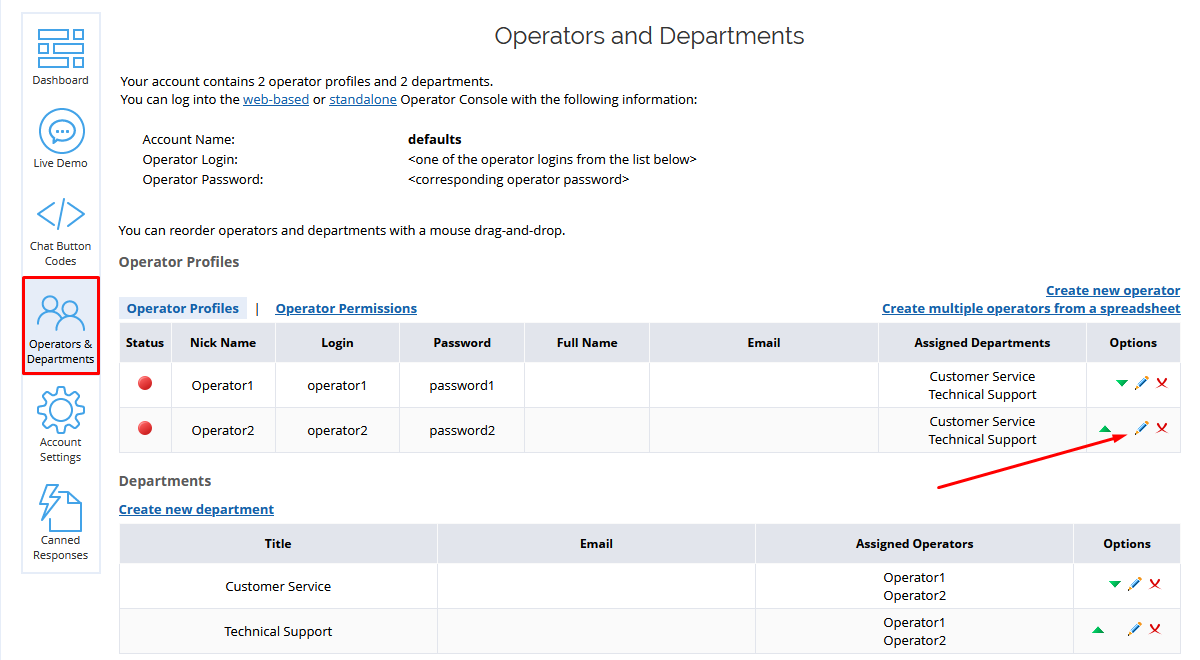 Screenshot of Operators and Departments page with Edit icon highlighted