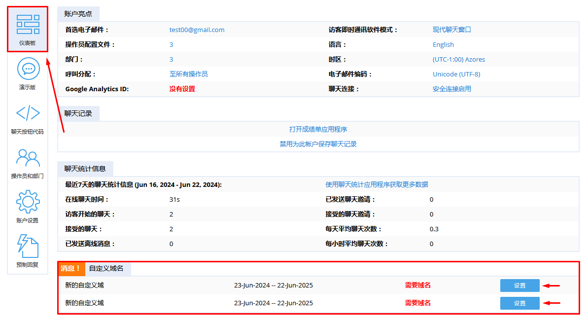 帐户仪表板上的自定义域部分的屏幕截图