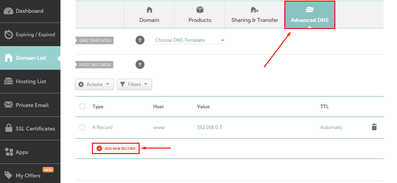 Namecheap 管理面板中的高级 DNS 部分的屏幕截图